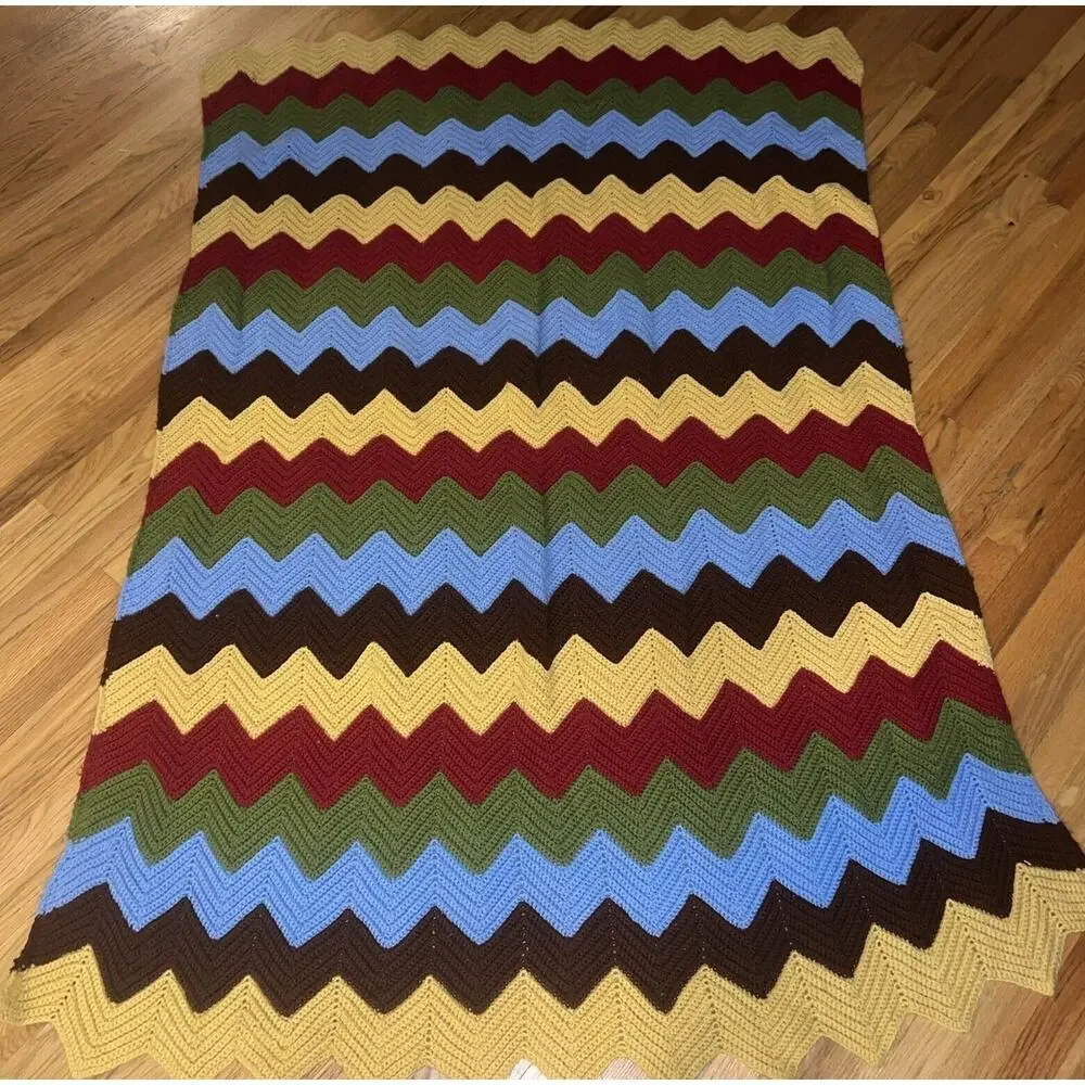 Vtg Handmade Retro Afghan Blanket Zig Zag Chevron Blue Green Yellow Red 77 X 52”